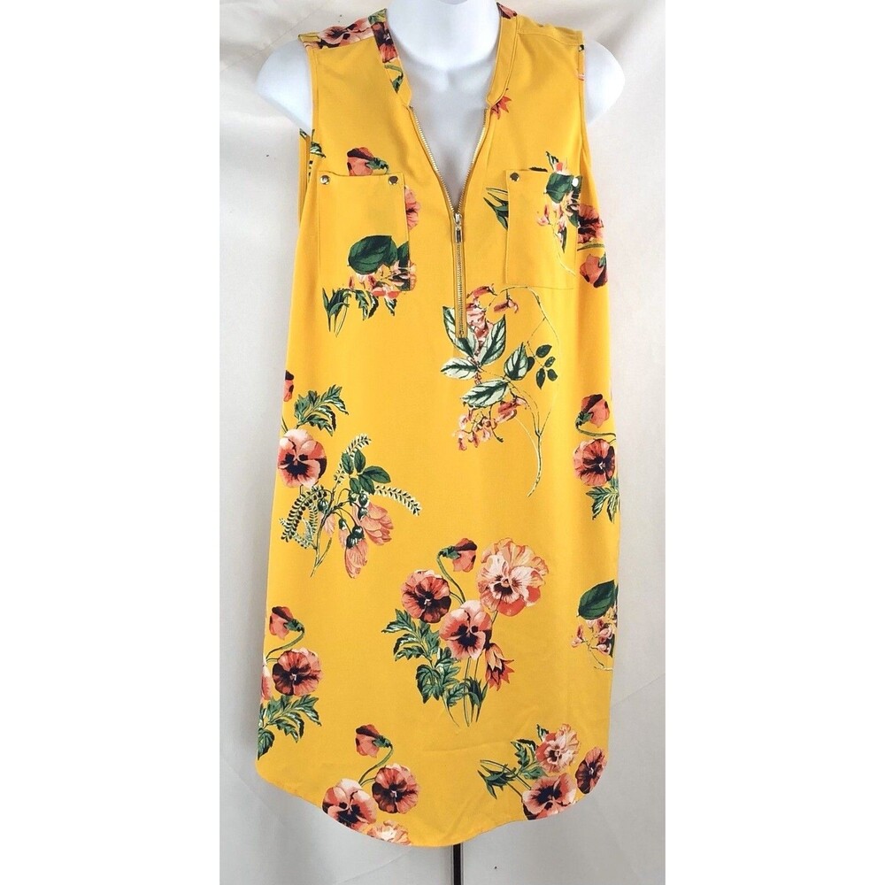 New York & Co sleeveless shift dress M yellow floral 1/2 Zip pockets mock collar